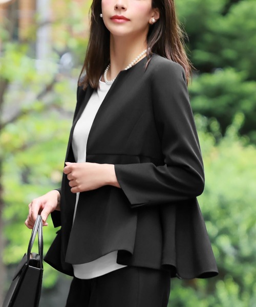 セール】ノーカラーペプラムジャケット テーパードパンツ セットアップ