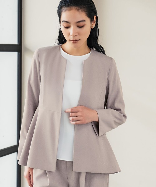 セール】ノーカラーペプラムジャケット テーパードパンツ セットアップ