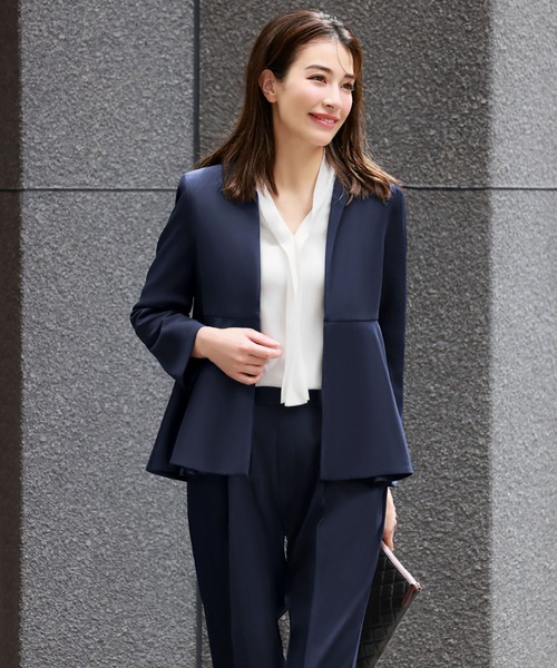 セール】ノーカラーペプラムジャケット テーパードパンツ セットアップ