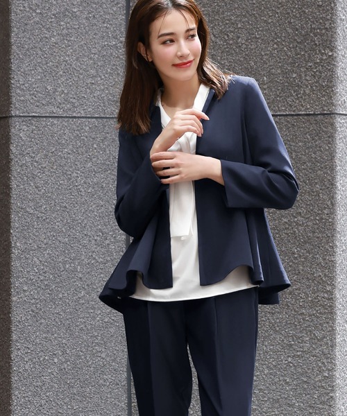 セール】ノーカラーペプラムジャケット テーパードパンツ セットアップ