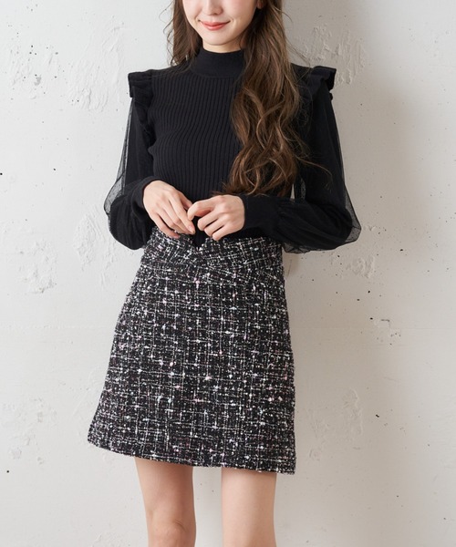 MIIA（ミーア）の「袖チュールニットトップス（ニット/セーター・レディース・ブラック/ベージュ/オフホワイト・FREE）」の5枚目の写真