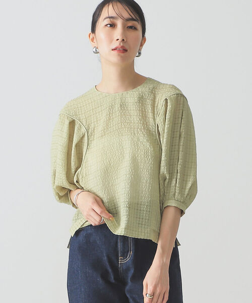 BEAMS LIGHTS（ビームスライツ）の「BEAMS LIGHTS / シアサッカー チェック ブラウス（シャツ/ブラウス・レディース・ミント/オフホワイト・ONE SIZE）」の4枚目の写真