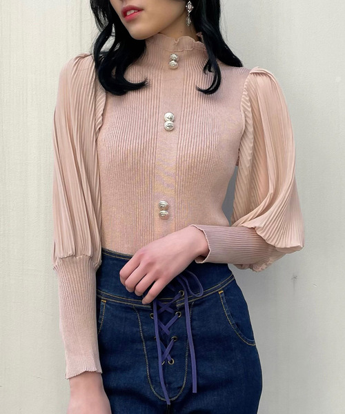 titty＆Co. PETIT（ティティアンドコープティ）の「【titty&Co.PETIT】シフォンスリーブダブルボタンニットトップス（ニット/セーター・レディース・ホワイト/ブラック/ベージュ・FREE）」の3枚目の写真