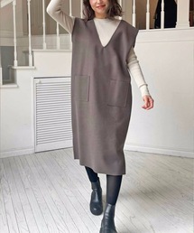 前ポケットミニ丈ベストロングワンピース