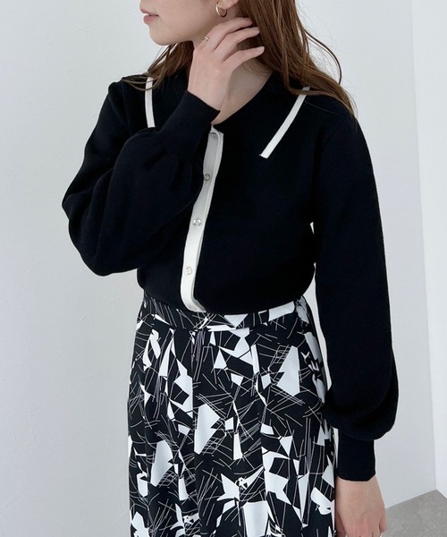 mysty woman(ミスティウーマン)の「衿つき配色カーディガン 272998(ニット/セーター・レディース・ブラック/オフホワイト/イエロー/ライトベージュ・FREE)」の3枚目の写真