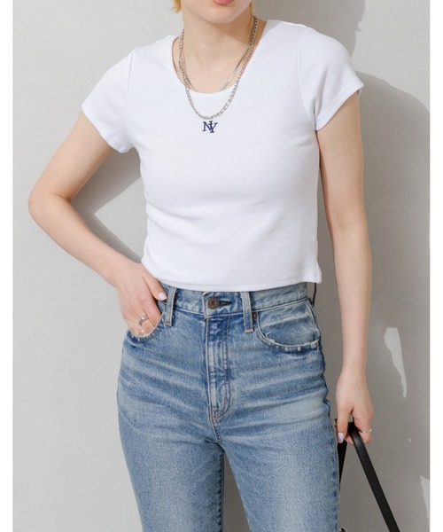 SpRay(スプレイ)の「刺繍リブチビTシャツ(Tシャツ/カットソー・レディース・ブラック/オフホワイト/ホワイト×ブラック/ホワイト系その他・FREE)」の1枚目の写真