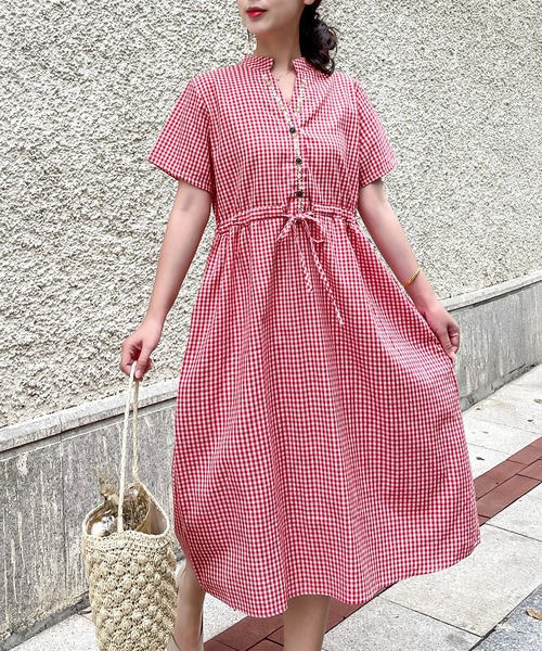 Dream garden(ドリームガーデン)の「バンドカラー ギンガムチェックワンピース(ワンピース・レディース・ブラック/レッド・2XL/L/M/XL)」の19枚目の写真