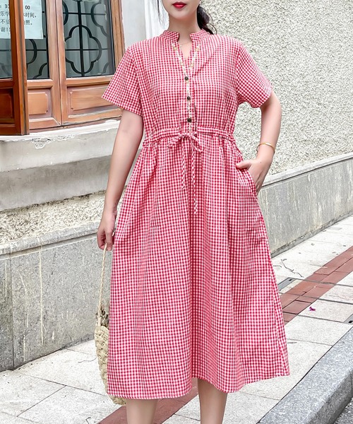Dream garden(ドリームガーデン)の「バンドカラー ギンガムチェックワンピース(ワンピース・レディース・ブラック/レッド・2XL/L/M/XL)」の17枚目の写真