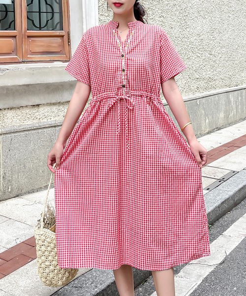 Dream garden(ドリームガーデン)の「バンドカラー ギンガムチェックワンピース(ワンピース・レディース・ブラック/レッド・2XL/L/M/XL)」の18枚目の写真