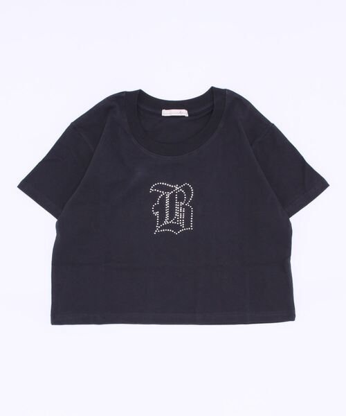 25116　ハイネック　花柄　黒　ラインストーン　ロゴ　Tシャツ　コットン　半袖 25116 ハイネック 花柄 黒 ラインストーン ロゴ Tシャツ