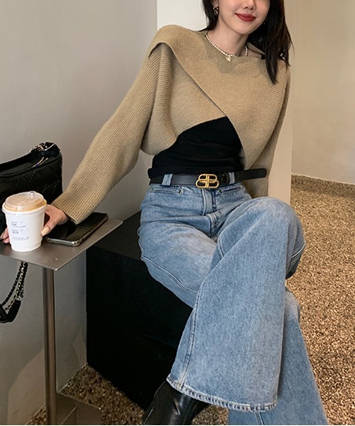 by muni:r(バイ ムニール)の「デイリーVラップニット(ニット/セーター・レディース・ブラック/グレー/ベージュ・FREE)」の6枚目の写真