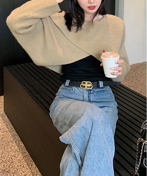 by muni:r(バイ ムニール)の「デイリーVラップニット(ニット/セーター・レディース・ブラック/グレー/ベージュ・FREE)」の7枚目の写真