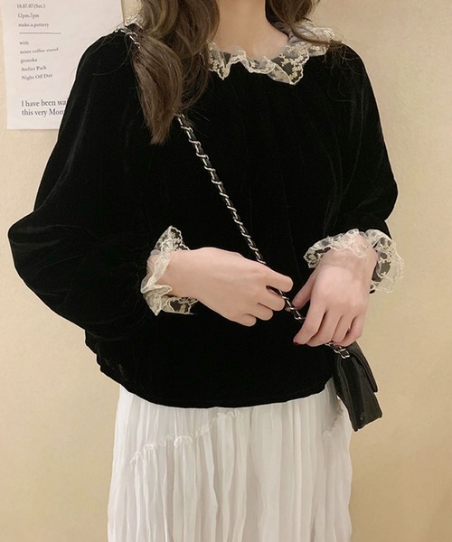 Primazel(プリマゼル)の「レース付きベロアプルオーバー(Tシャツ/カットソー・レディース・ブラック・M)」の1枚目の写真