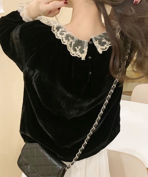 Primazel(プリマゼル)の「レース付きベロアプルオーバー(Tシャツ/カットソー・レディース・ブラック・M)」の3枚目の写真
