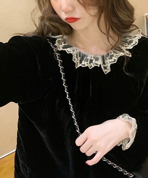 Primazel(プリマゼル)の「レース付きベロアプルオーバー(Tシャツ/カットソー・レディース・ブラック・M)」の5枚目の写真