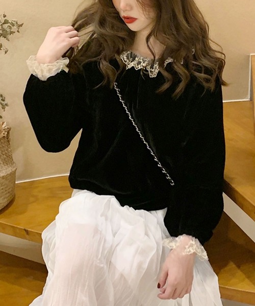 Primazel(プリマゼル)の「レース付きベロアプルオーバー(Tシャツ/カットソー・レディース・ブラック・M)」の6枚目の写真