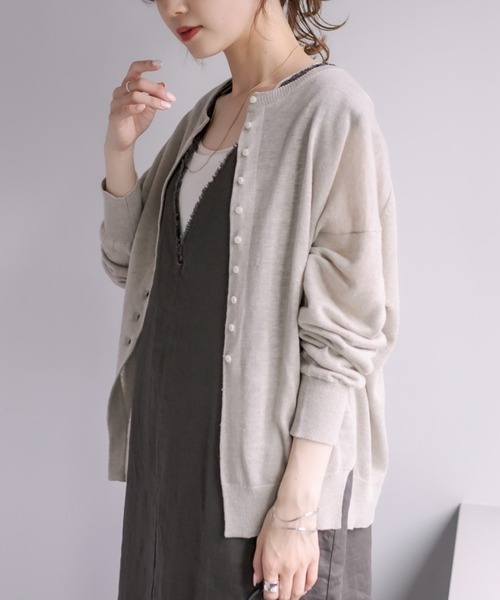 PUAL CE CIN（ピュアルセシン）の「フレンチリネンクルーネックカーディガン（カーディガン/ボレロ・レディース・ブラック/ナチュラル/グリーン/イエロー/ピンク・FREE）」の3枚目の写真