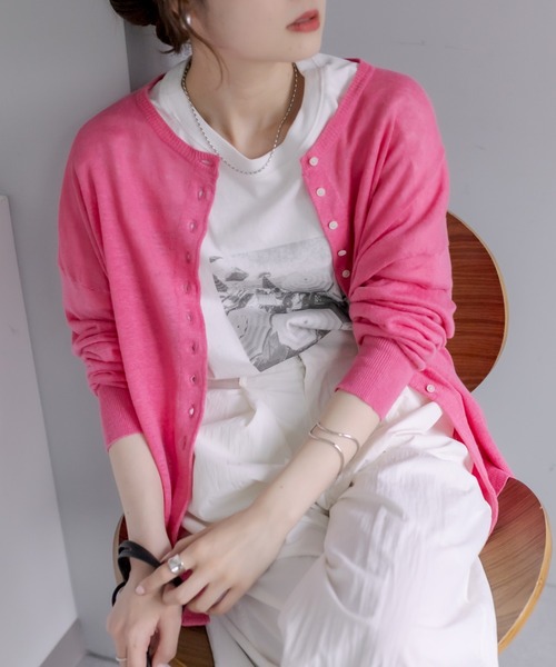 PUAL CE CIN（ピュアルセシン）の「フレンチリネンクルーネックカーディガン（カーディガン/ボレロ・レディース・ブラック/ナチュラル/グリーン/イエロー/ピンク・FREE）」の5枚目の写真