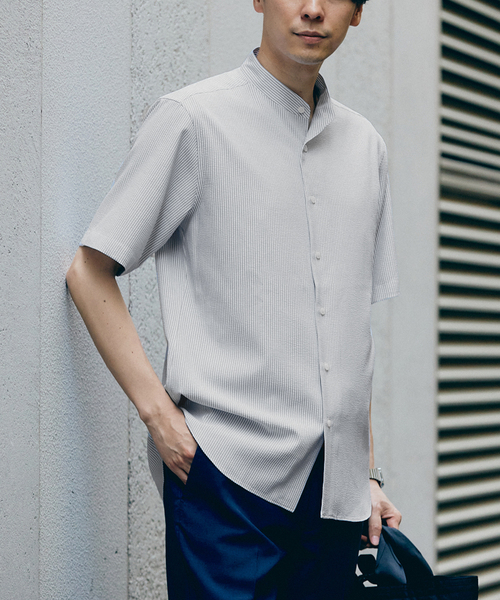 417 EDIFICE(フォーワンセブンエディフィス)の「"吸水速乾&イージーケア" シアサッカー ワンピースバンドカラー S/S シャツ(シャツ/ブラウス・メンズ・ホワイト/ブラック/ネイビー/グレー・SMALL/MEDIUM/LARGE)」の3枚目の写真