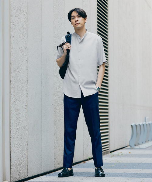 417 EDIFICE(フォーワンセブンエディフィス)の「"吸水速乾&イージーケア" シアサッカー ワンピースバンドカラー S/S シャツ(シャツ/ブラウス・メンズ・ホワイト/ブラック/ネイビー/グレー・SMALL/MEDIUM/LARGE)」の9枚目の写真