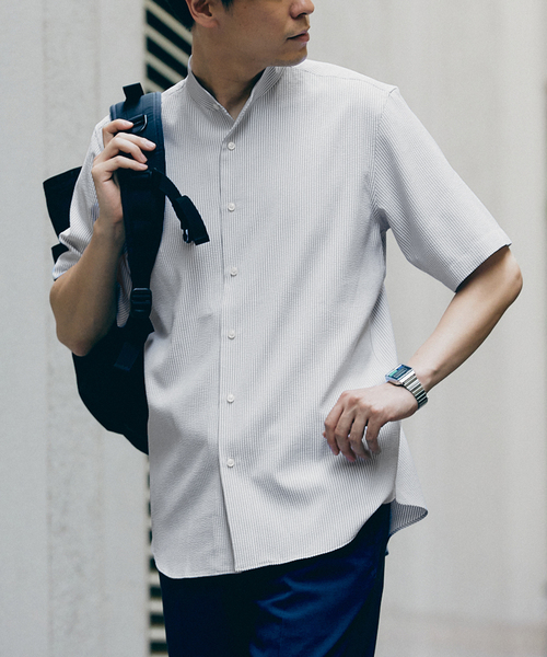 417 EDIFICE(フォーワンセブンエディフィス)の「"吸水速乾&イージーケア" シアサッカー ワンピースバンドカラー S/S シャツ(シャツ/ブラウス・メンズ・ホワイト/ブラック/ネイビー/グレー・SMALL/MEDIUM/LARGE)」の11枚目の写真