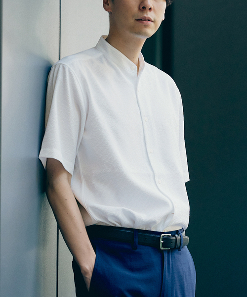 417 EDIFICE(フォーワンセブンエディフィス)の「"吸水速乾&イージーケア" シアサッカー ワンピースバンドカラー S/S シャツ(シャツ/ブラウス・メンズ・ホワイト/ブラック/ネイビー/グレー・SMALL/MEDIUM/LARGE)」の15枚目の写真