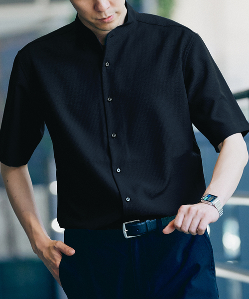 417 EDIFICE(フォーワンセブンエディフィス)の「"吸水速乾&イージーケア" シアサッカー ワンピースバンドカラー S/S シャツ(シャツ/ブラウス・メンズ・ホワイト/ブラック/ネイビー/グレー・SMALL/MEDIUM/LARGE)」の22枚目の写真