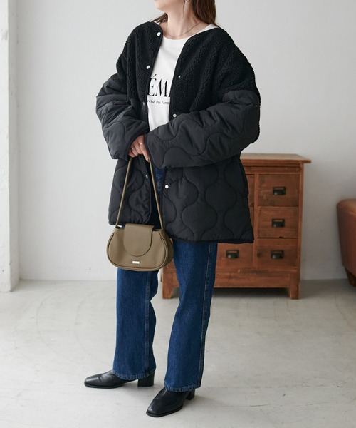 DISCOAT（ディスコート）の「ボア切替キルティングコート（ミリタリージャケット・レディース・ブラック/アイボリー/モカ・MEDIUM/LARGE）」の5枚目の写真