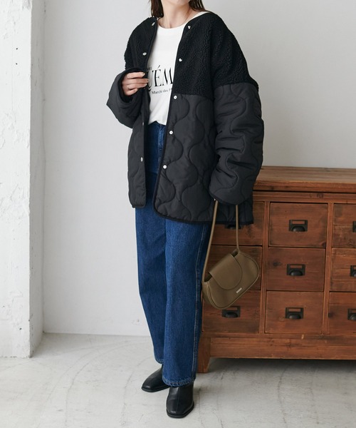 DISCOAT（ディスコート）の「ボア切替キルティングコート（ミリタリージャケット・レディース・ブラック/アイボリー/モカ・MEDIUM/LARGE）」の6枚目の写真