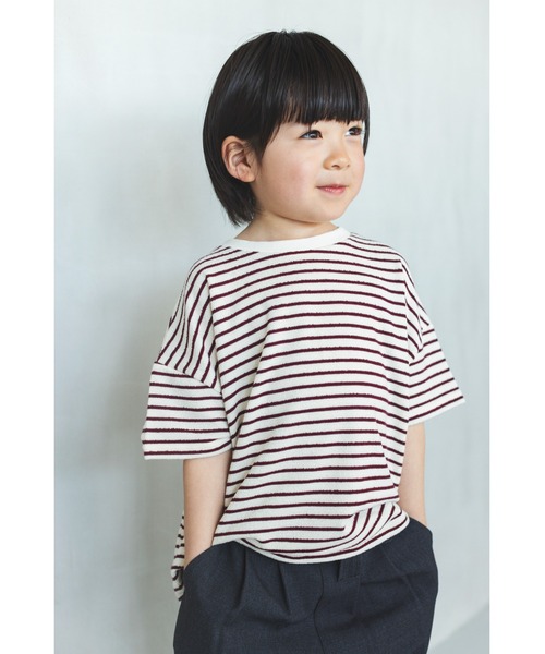 ooju(オージュ)の「【ooju】パイルボーダー S/S Tシャツ(Tシャツ/カットソー・キッズ・レッド/ブラック/アイボリー・3/1/2)」の1枚目の写真