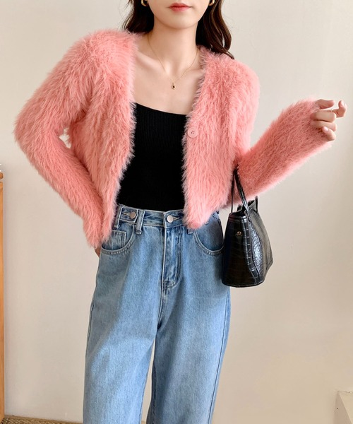 EPICKS（エピックス）の「ショート丈 シャギーVネックニットトップス（カーディガン/ボレロ・レディース・ホワイト/パープル/イエロー/ブラック/ピンク・FREE）」の12枚目の写真