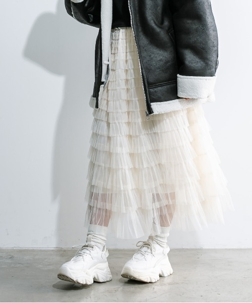 OLIVE des OLIVE(オリーブデオリーブ)の「チュールフリルティアードスカート 1032010190(スカート・レディース・ブラック/アイボリー・FREE)」の2枚目の写真