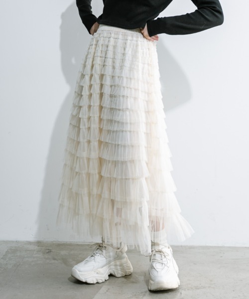 OLIVE des OLIVE(オリーブデオリーブ)の「チュールフリルティアードスカート 1032010190(スカート・レディース・ブラック/アイボリー・FREE)」の4枚目の写真