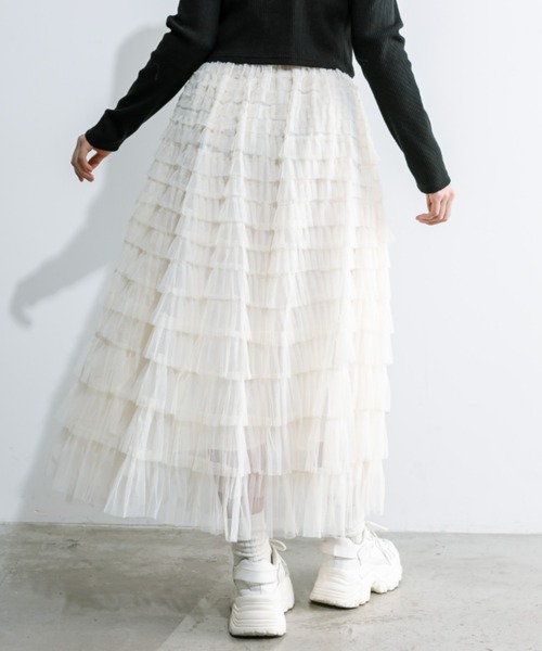 OLIVE des OLIVE(オリーブデオリーブ)の「チュールフリルティアードスカート 1032010190(スカート・レディース・ブラック/アイボリー・FREE)」の6枚目の写真