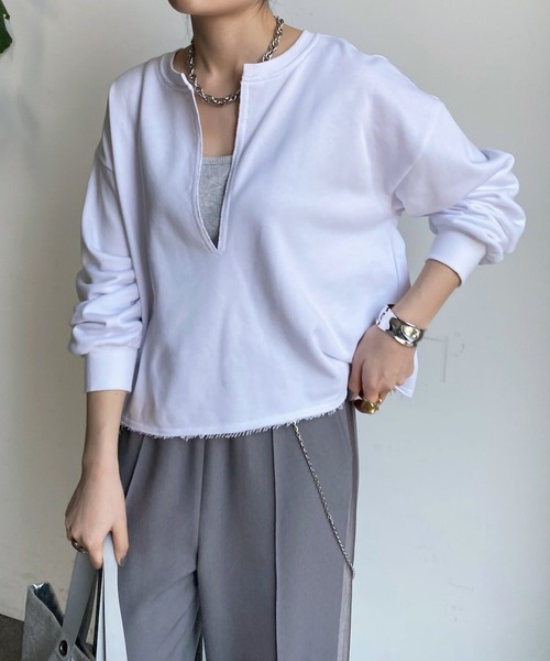 DouDou（ドゥドゥ）の「裏毛スリットトップス（スウェット・レディース・ネイビー/ライトベージュ/オフホワイト・FREE）」の19枚目の写真