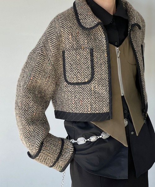 【YOUYILIN】ヘリンボーン 丸襟ショートジャケット chw24a034