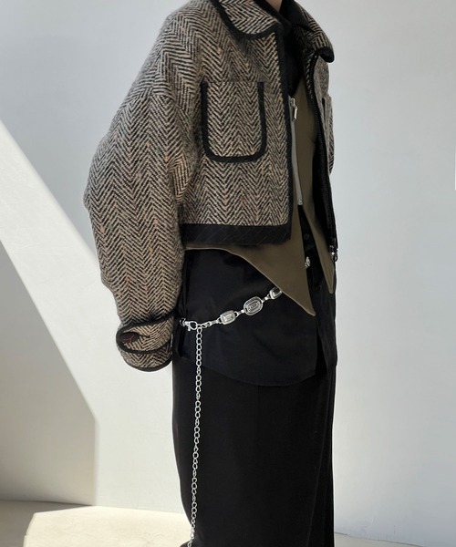 【YOUYILIN】ヘリンボーン 丸襟ショートジャケット chw24a034