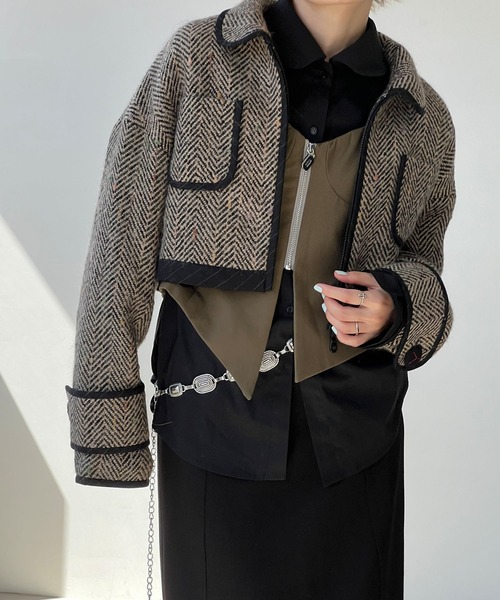 【YOUYILIN】ヘリンボーン 丸襟ショートジャケット chw24a034