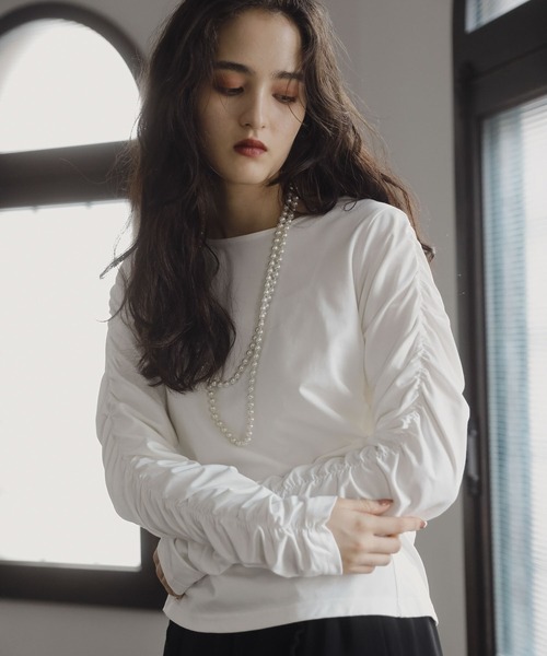 セール】□ESCAR シャーリングギャザープルオーバー（Tシャツ  