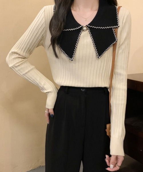 Miniministore(ミニミニストア)の「ニットトップス 襟付きニット 長袖(ニット/セーター・レディース・イエロー/ベージュ/ブラック/ホワイト・FREE)」の4枚目の写真