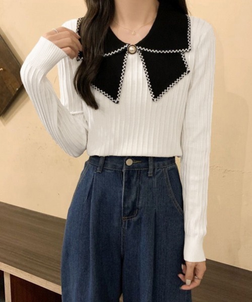 Miniministore(ミニミニストア)の「ニットトップス 襟付きニット 長袖(ニット/セーター・レディース・イエロー/ベージュ/ブラック/ホワイト・FREE)」の2枚目の写真