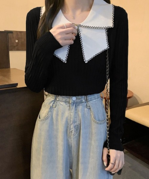 Miniministore(ミニミニストア)の「ニットトップス 襟付きニット 長袖(ニット/セーター・レディース・イエロー/ベージュ/ブラック/ホワイト・FREE)」の16枚目の写真