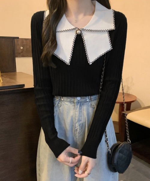 Miniministore(ミニミニストア)の「ニットトップス 襟付きニット 長袖(ニット/セーター・レディース・イエロー/ベージュ/ブラック/ホワイト・FREE)」の17枚目の写真