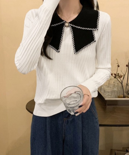 Miniministore(ミニミニストア)の「ニットトップス 襟付きニット 長袖(ニット/セーター・レディース・イエロー/ベージュ/ブラック/ホワイト・FREE)」の18枚目の写真