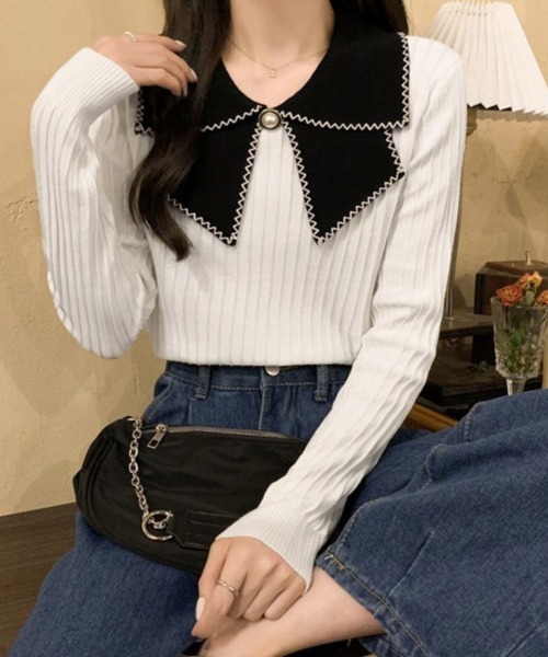 Miniministore(ミニミニストア)の「ニットトップス 襟付きニット 長袖(ニット/セーター・レディース・イエロー/ベージュ/ブラック/ホワイト・FREE)」の19枚目の写真