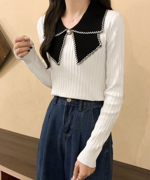 Miniministore(ミニミニストア)の「ニットトップス 襟付きニット 長袖(ニット/セーター・レディース・イエロー/ベージュ/ブラック/ホワイト・FREE)」の20枚目の写真