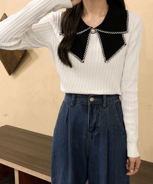 Miniministore(ミニミニストア)の「ニットトップス 襟付きニット 長袖(ニット/セーター・レディース・イエロー/ベージュ/ブラック/ホワイト・FREE)」の21枚目の写真