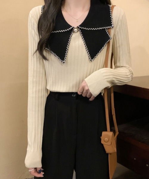 Miniministore(ミニミニストア)の「ニットトップス 襟付きニット 長袖(ニット/セーター・レディース・イエロー/ベージュ/ブラック/ホワイト・FREE)」の22枚目の写真