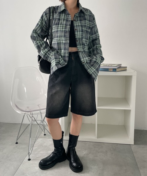 WEGO（ウィゴー）の「WEGO/オーバーサイズチェックネルシャツ（シャツ/ブラウス・レディース・ネイビー/グリーン・FREE）」の9枚目の写真