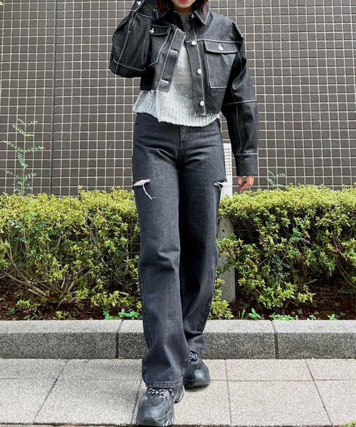 &soiree(アンドソワレ)の「【&soiree】デニムクロップドジャケット(デニムジャケット・レディース・インディゴブルー/ブラック・FREE)」の4枚目の写真
